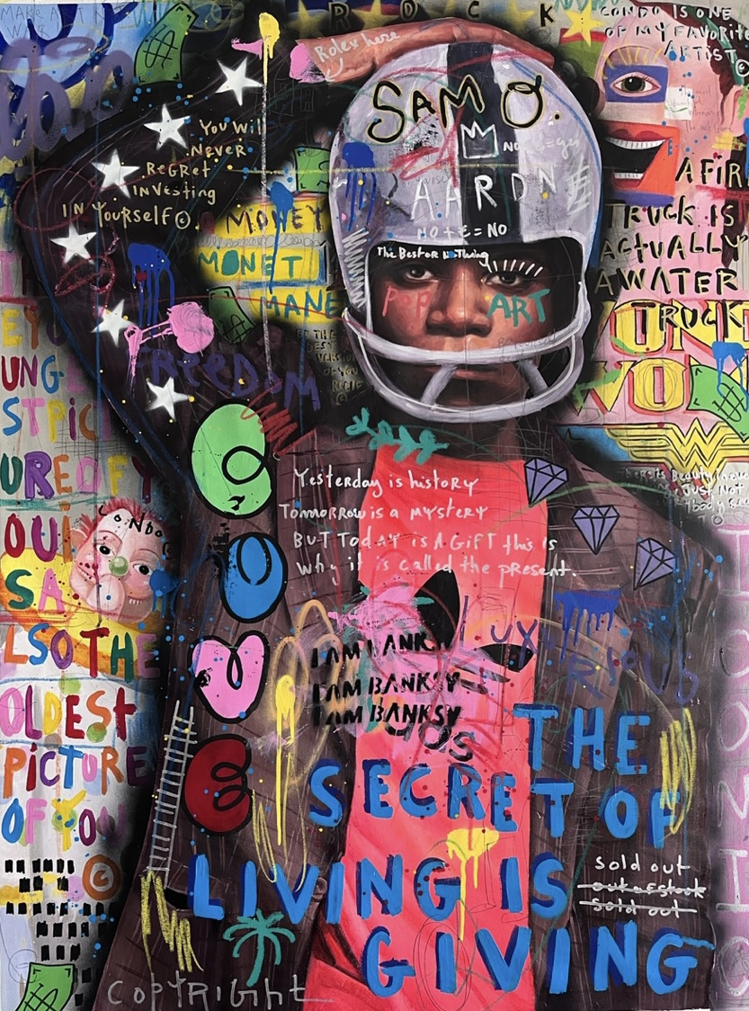 Jisbar, Samo Aaron Basquiat, mixed media on canvas, 130x97 cm